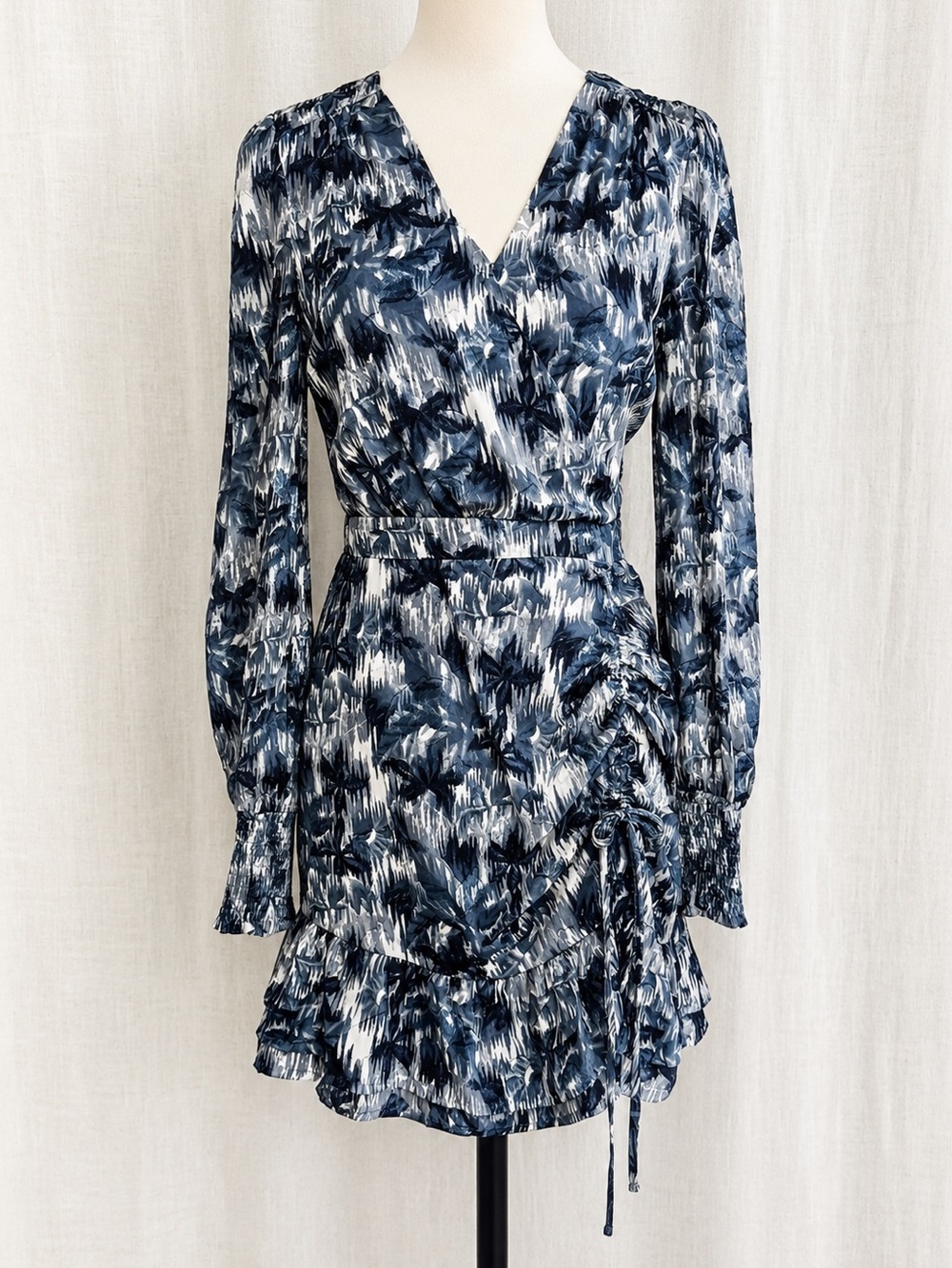🌿Allison New York Belle Faux Wrap Ruched Mini Dress Gray Small
